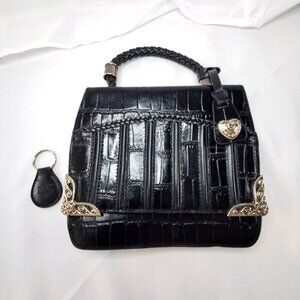 VTG M.C. MARC CHANTAL Black Embossed Croc Leather Handbag & Heart Charm